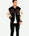 Men’s Black & Cream Varsity Jacket – Letterman Bomber Jacket with Leather Sleeves