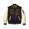 Men’s Black & Cream Varsity Jacket – Letterman Bomber Jacket with Leather Sleeves