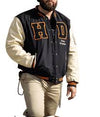 Men’s Black & Cream Varsity Jacket – Letterman Bomber Jacket with Leather Sleeves