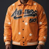Men’s Mustard Leather Varsity Jacket – Embroidered Graphic Star Bomber Jacket