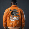 Men’s Mustard Leather Varsity Jacket – Embroidered Graphic Star Bomber Jacket